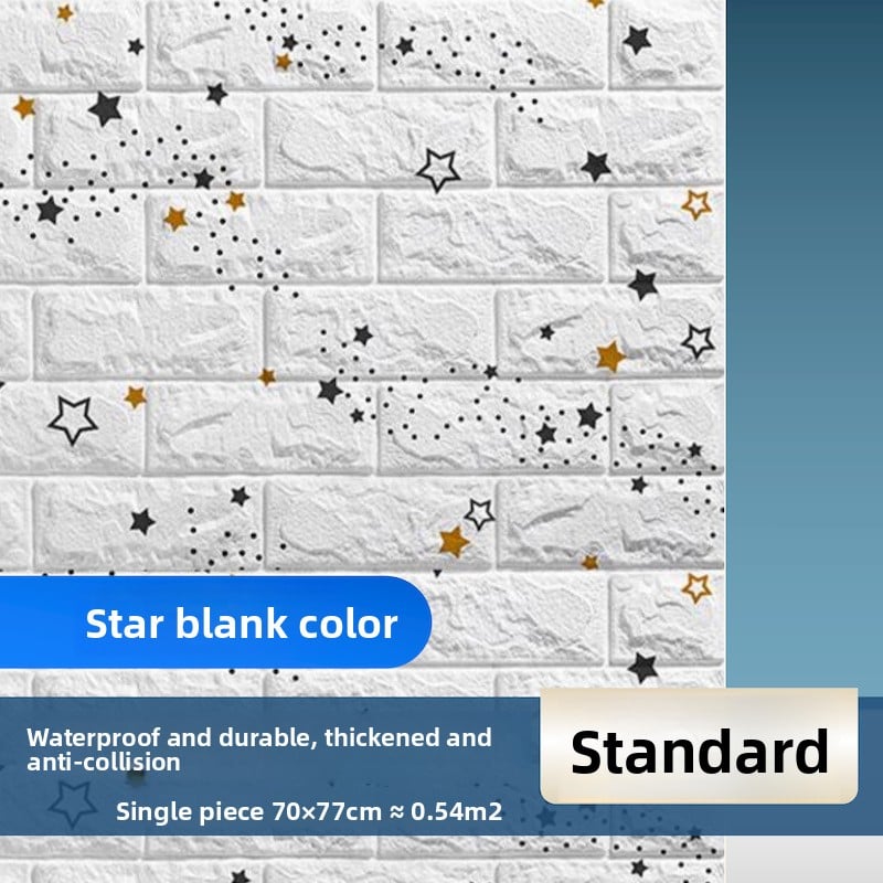 The wallpaper features self-adhesive retro brick patterns