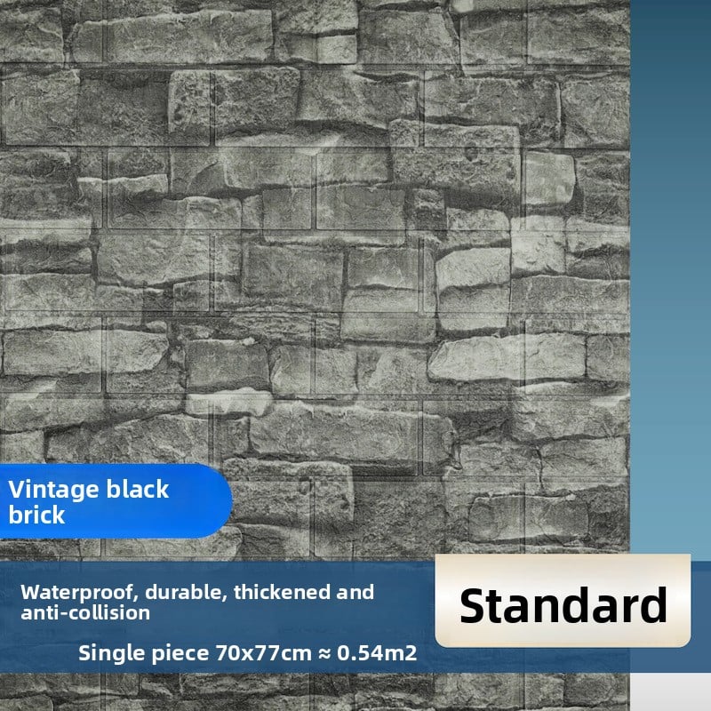 The wallpaper features self-adhesive retro brick patterns