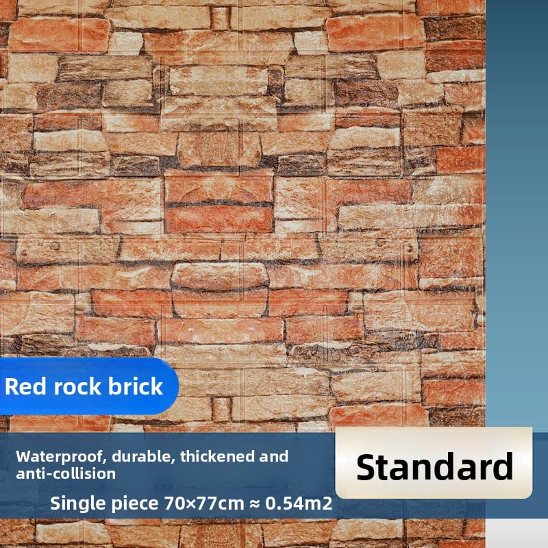 The wallpaper features self-adhesive retro brick patterns