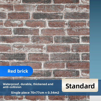 The wallpaper features self-adhesive retro brick patterns