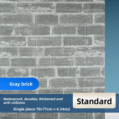 The wallpaper features self-adhesive retro brick patterns