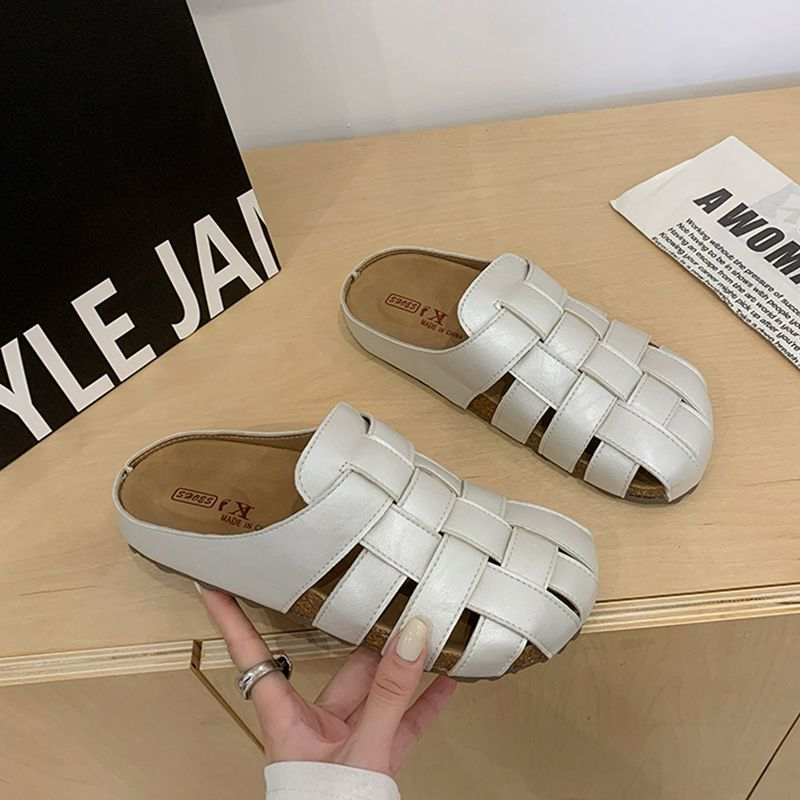 Thick-soled elevated hollow-woven upper half-toe slippers