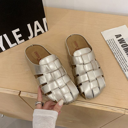 Thick-soled elevated hollow-woven upper half-toe slippers