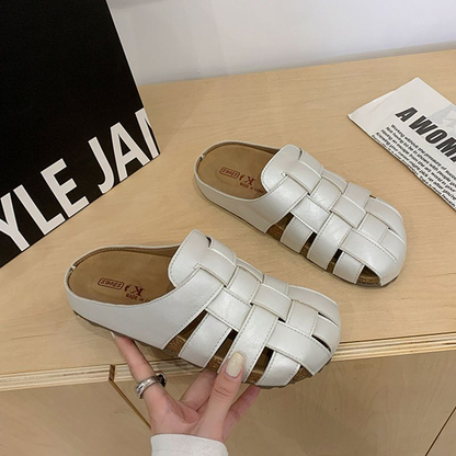 Thick-soled elevated hollow-woven upper half-toe slippers
