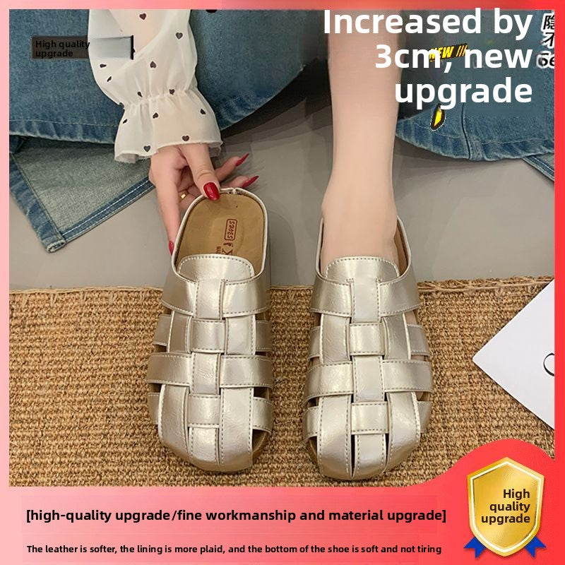 Thick-soled elevated hollow-woven upper half-toe slippers