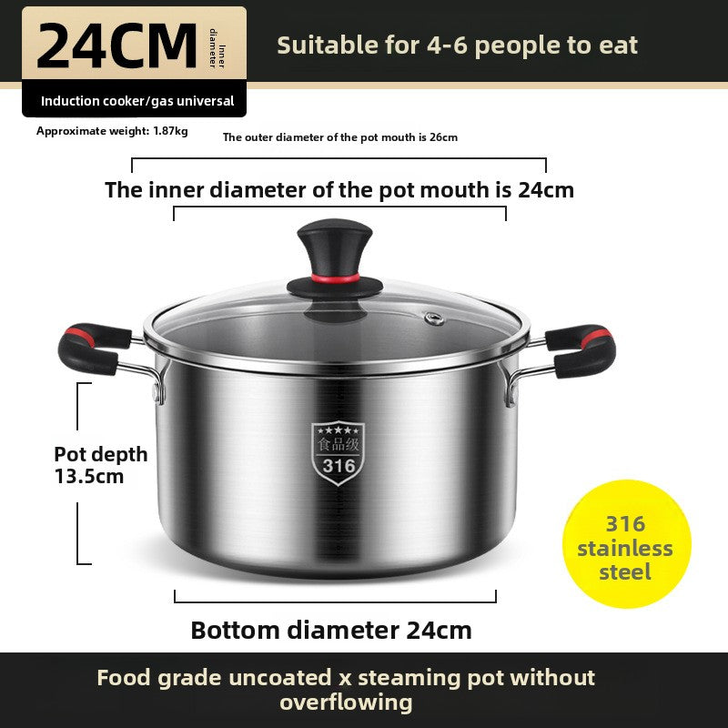 Thickened 316 Stainless Steel Cooking Pot with Glass Lid