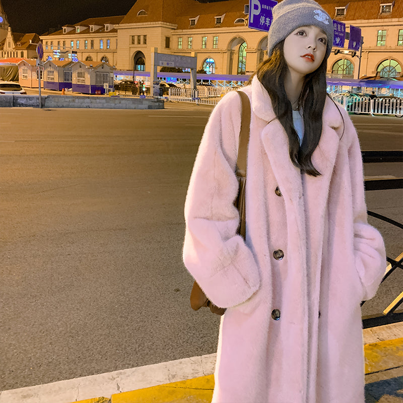Thickened and extended faux mink fur coat