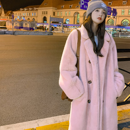 Thickened and extended faux mink fur coat