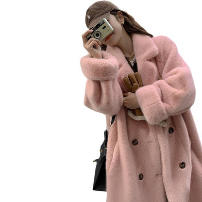 Thickened and extended faux mink fur coat