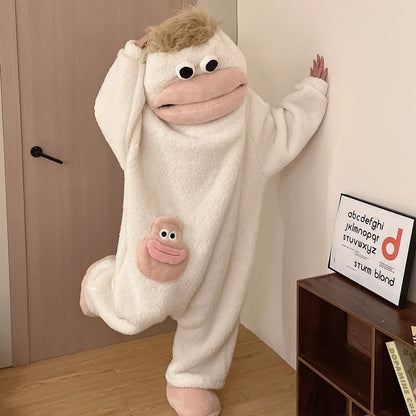 Thickened Couple Onesie Sleepwear Winter Cartoon Coral Fleece Monster Pajamas