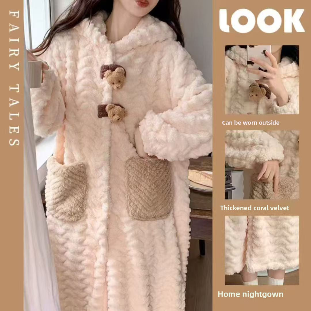 Thickened hooded bathrobe long nightgown