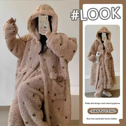 Thickened hooded bathrobe long nightgown