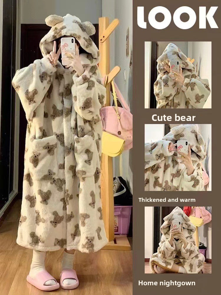 Thickened hooded bathrobe long nightgown
