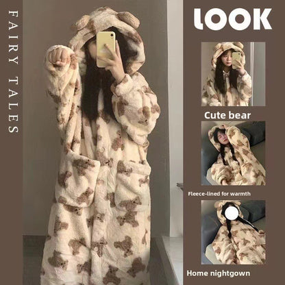Thickened hooded bathrobe long nightgown