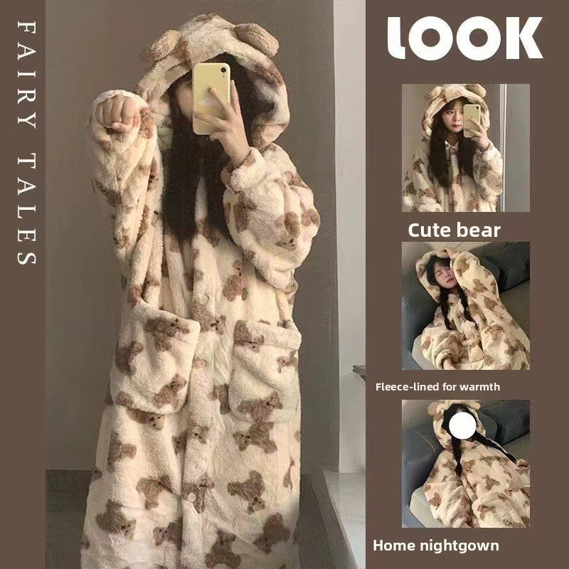 Thickened hooded bathrobe long nightgown