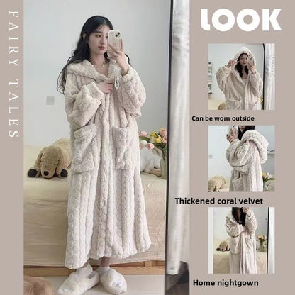 Thickened hooded bathrobe long nightgown