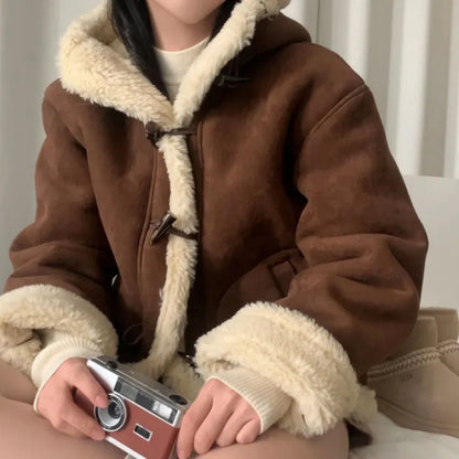 Thickened Hooded Horn Button Fur Outwear