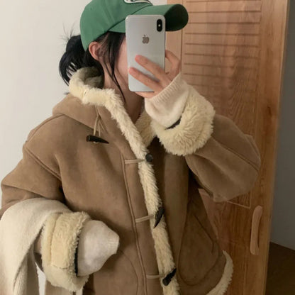Thickened Hooded Horn Button Fur Outwear