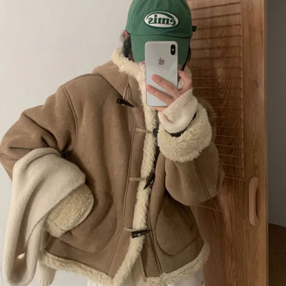 Thickened Hooded Horn Button Fur Outwear