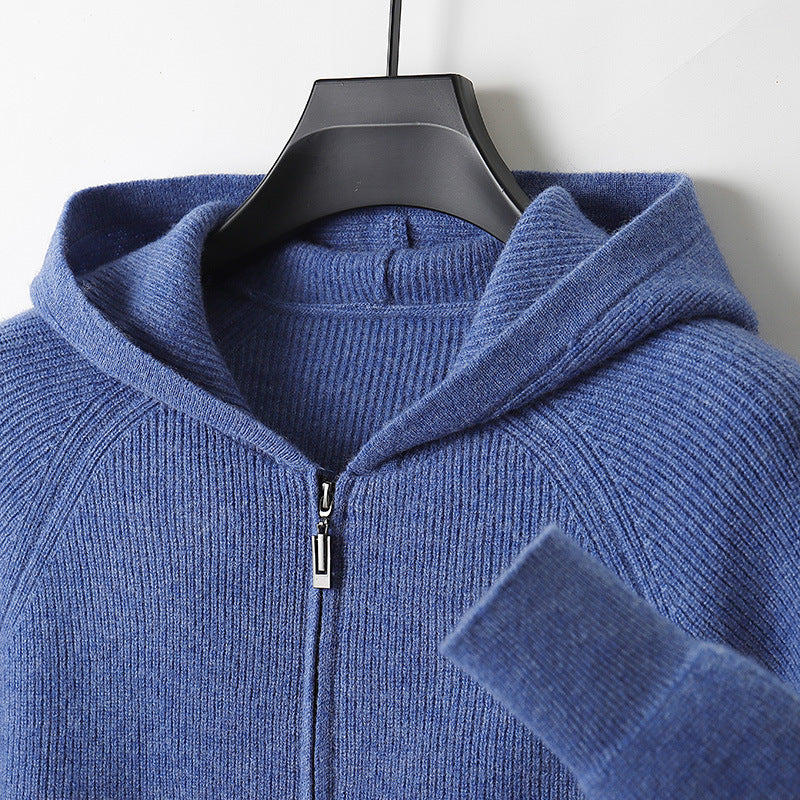 Thickened Hooded Mens Wool Knitted Cardigan