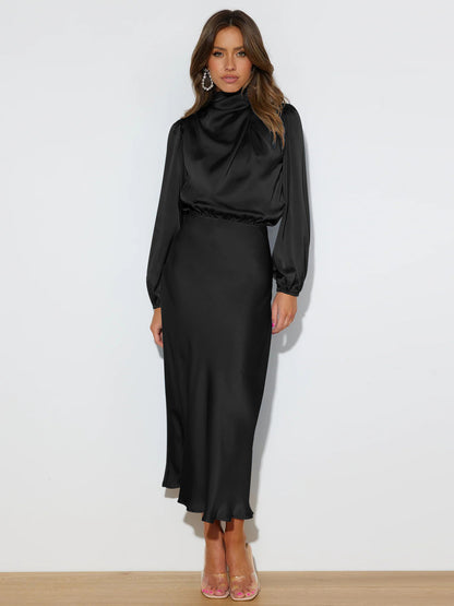 This high-end satin long-sleeved loose dress is an elegant and refined evening dress for women