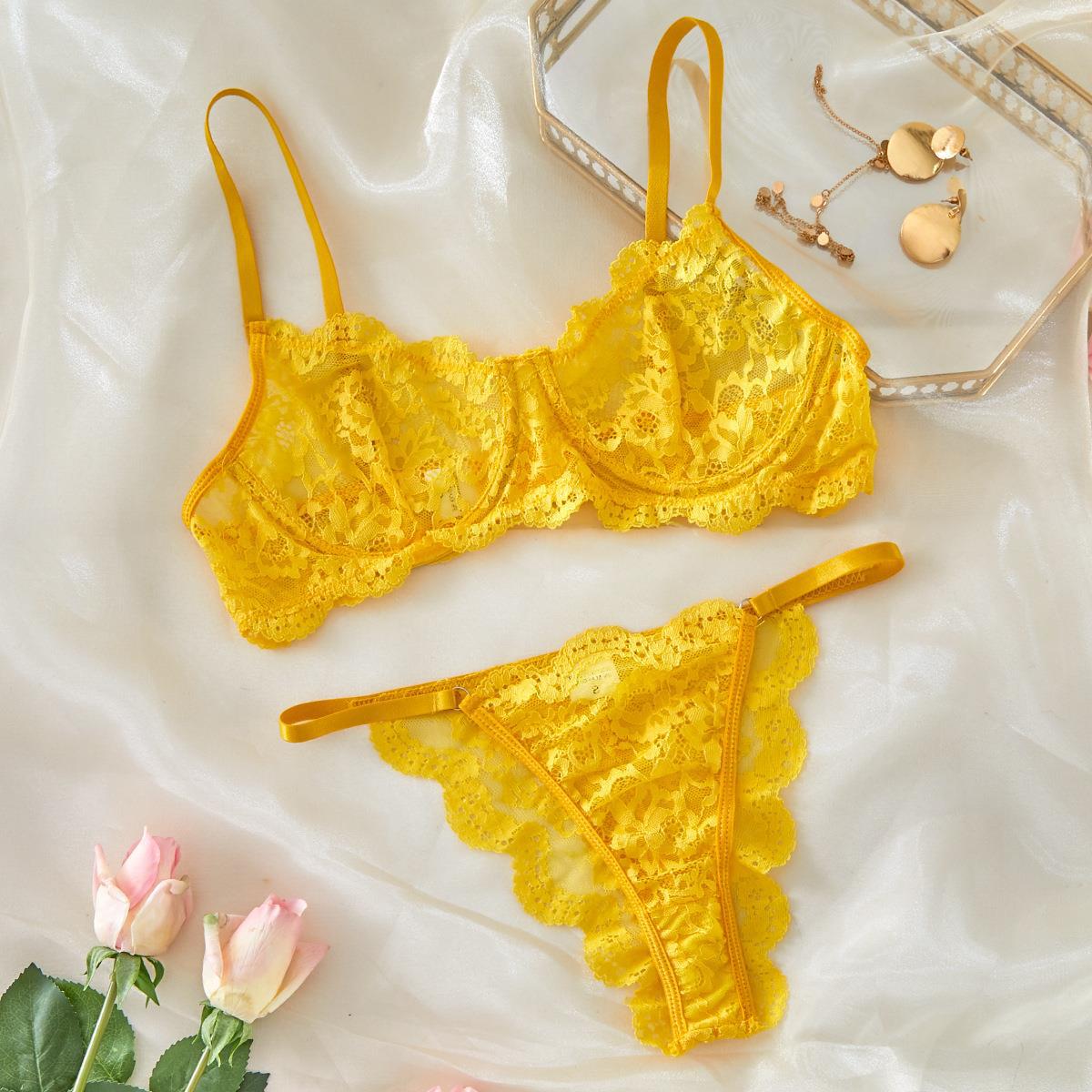 Thong-style lace-trimmed sheer sexy lingerie set