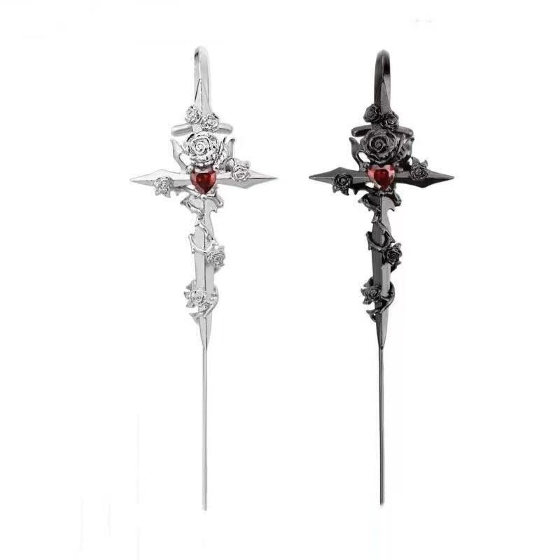Thorn rose pierced hanging ear stud earrings