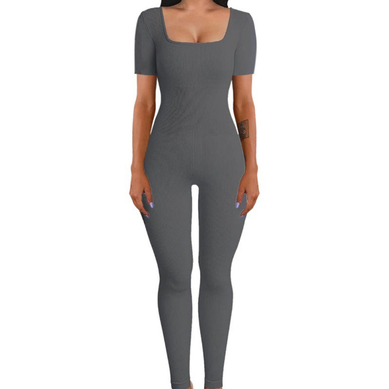 Threaded square-neck fitted jumpsuit