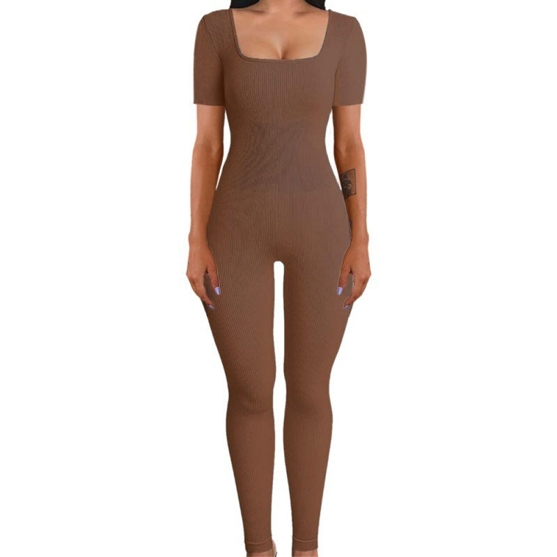 Threaded square-neck fitted jumpsuit