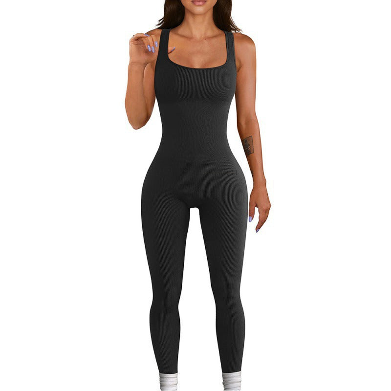 Threaded square-neck fitted jumpsuit