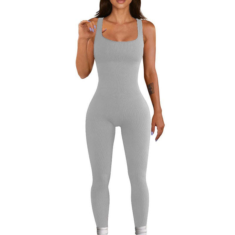 Threaded square-neck fitted jumpsuit