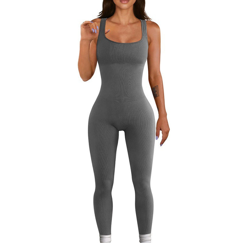 Threaded square-neck fitted jumpsuit