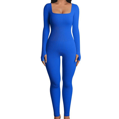 Threaded square-neck fitted jumpsuit