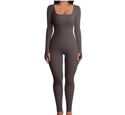 Threaded square-neck fitted jumpsuit