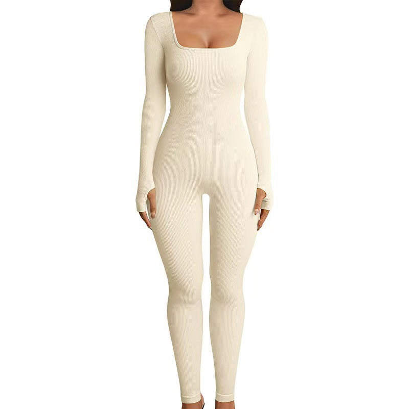 Threaded square-neck fitted jumpsuit