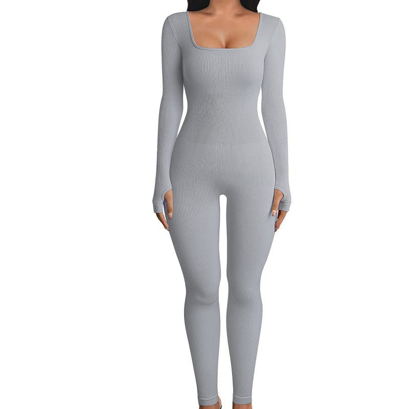 Threaded square-neck fitted jumpsuit