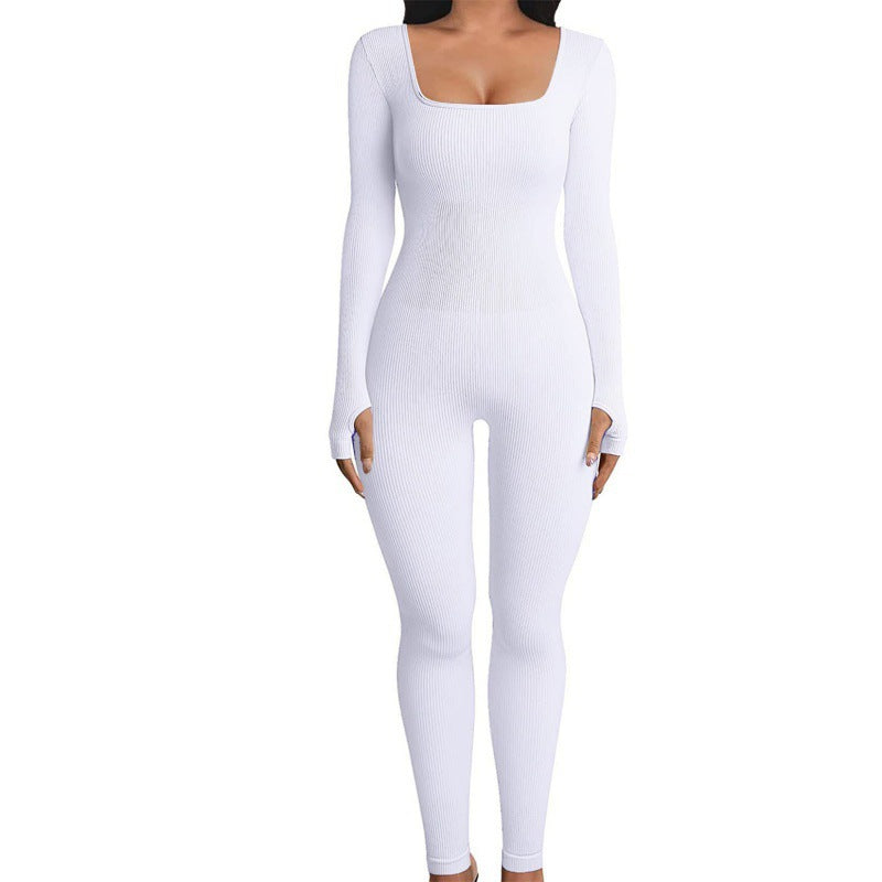 Threaded square-neck fitted jumpsuit