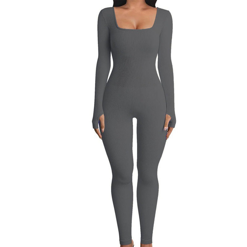 Threaded square-neck fitted jumpsuit