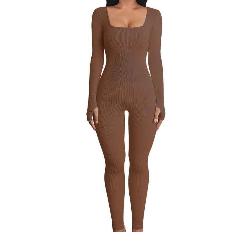 Threaded square-neck fitted jumpsuit