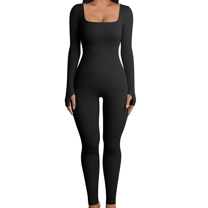 Threaded square-neck fitted jumpsuit