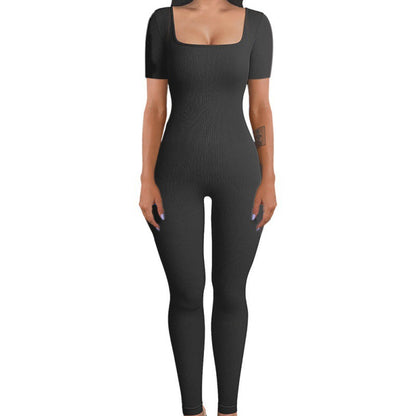 Threaded square-neck fitted jumpsuit