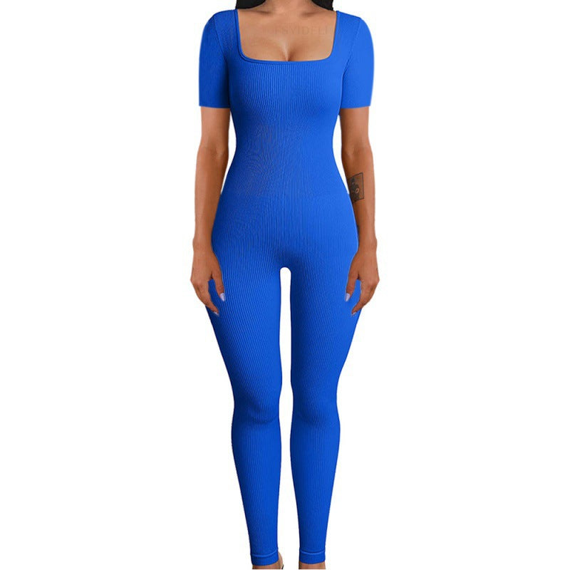Threaded square-neck fitted jumpsuit