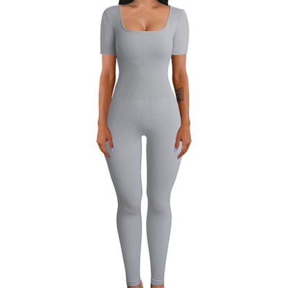 Threaded square-neck fitted jumpsuit