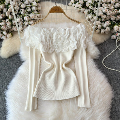 Three-dimensional flower one-shoulder knitted base top