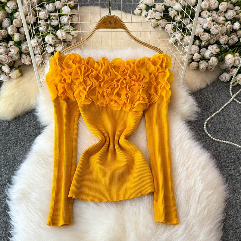 Three-dimensional flower one-shoulder knitted base top