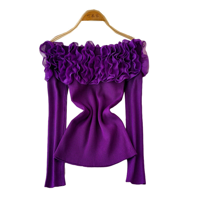 Three-dimensional flower one-shoulder knitted base top