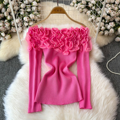 Three-dimensional flower one-shoulder knitted base top