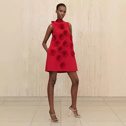Three-dimensional rose sleeveless dress