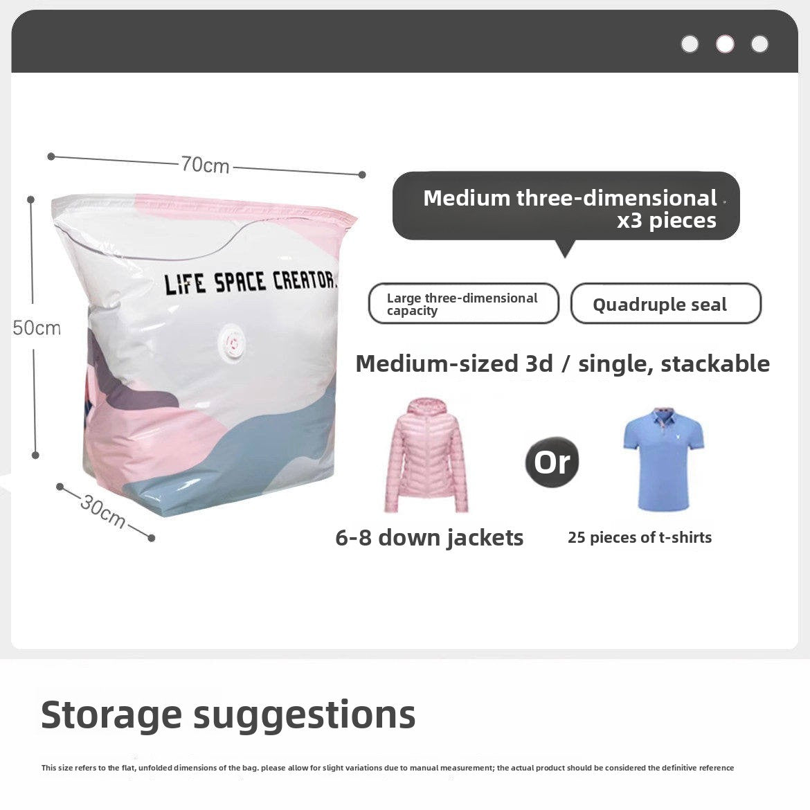 Three-dimensional vacuum compression bag