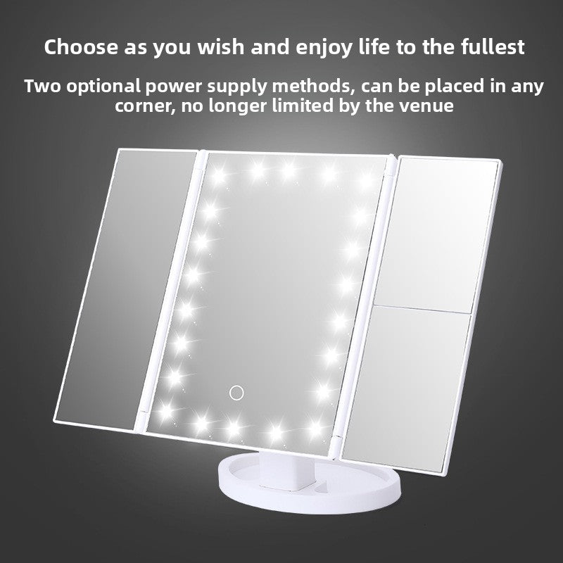Three-fold makeup mirror with lamp